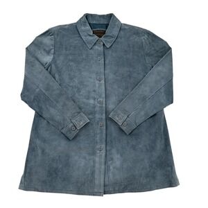 Brandon Thomas Womens 1X Blue Suede Leather Jacket Button Front Mid Length Coat